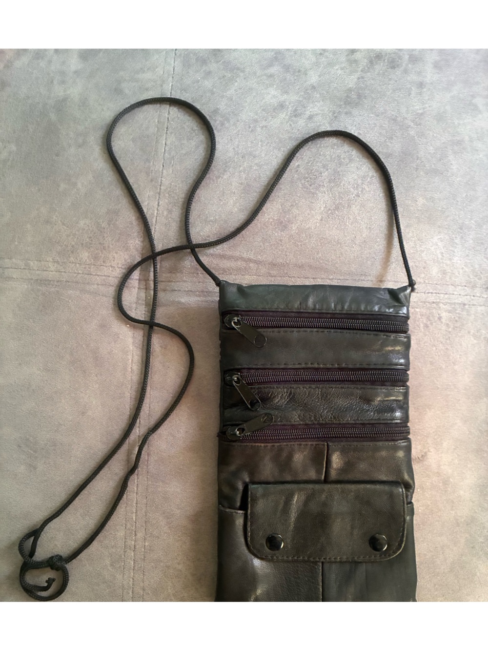 Black Leather Crossbody Travel Wallet - Slim Multi-Zip Design